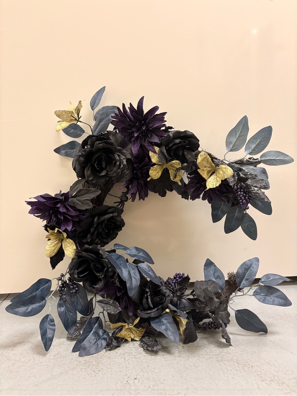 Elegant Ashland Halloween Black & Purple Floral Wreath with Gold Accents